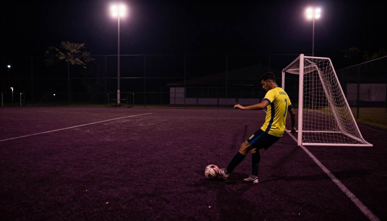 Jogador finalizando sozinho em campo à noite, sob refletores